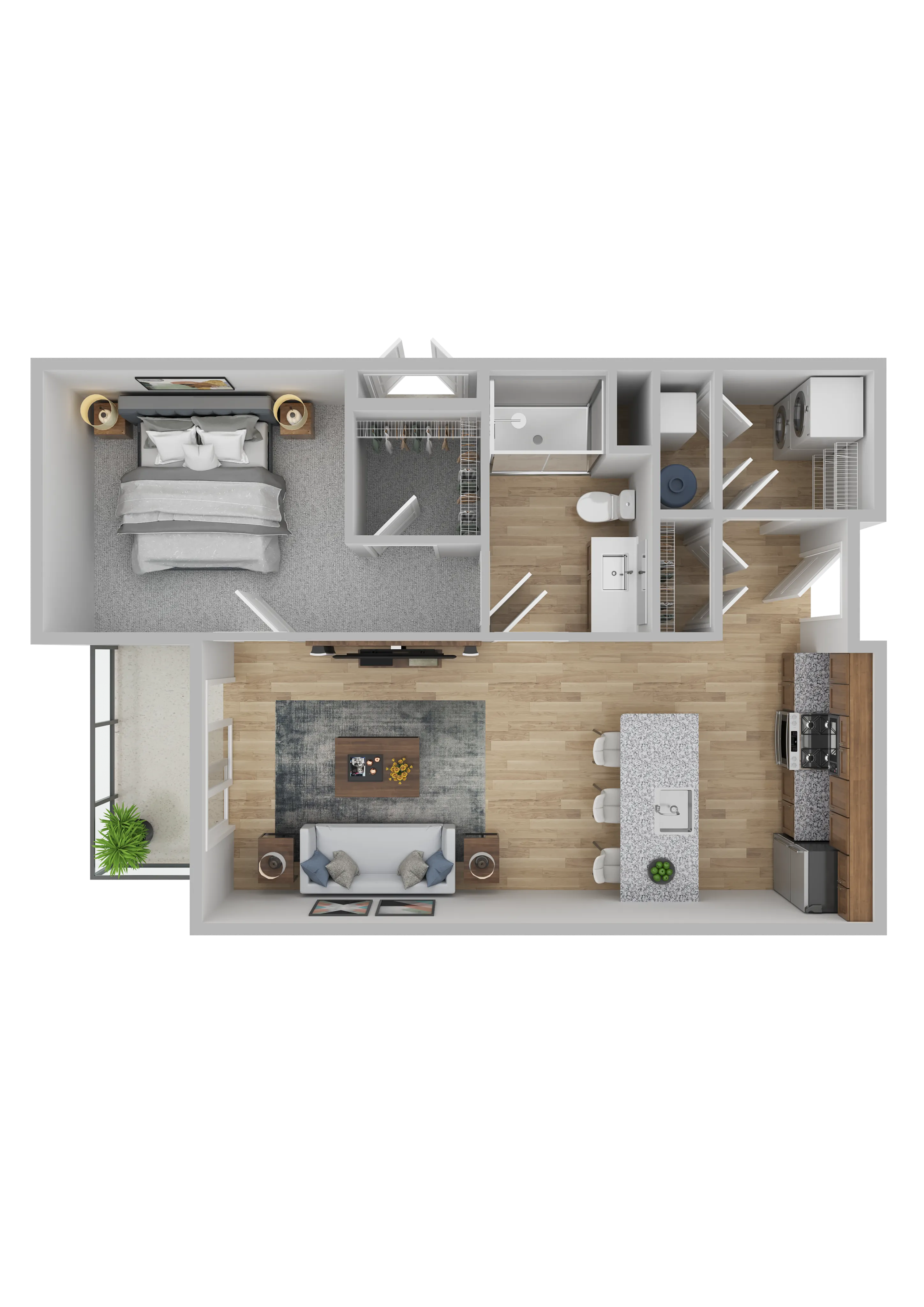 Elegant 2D floor plan showcasing a modern one-bedroom apartment with a spacious living area, sleek kitchen, and private balcony.