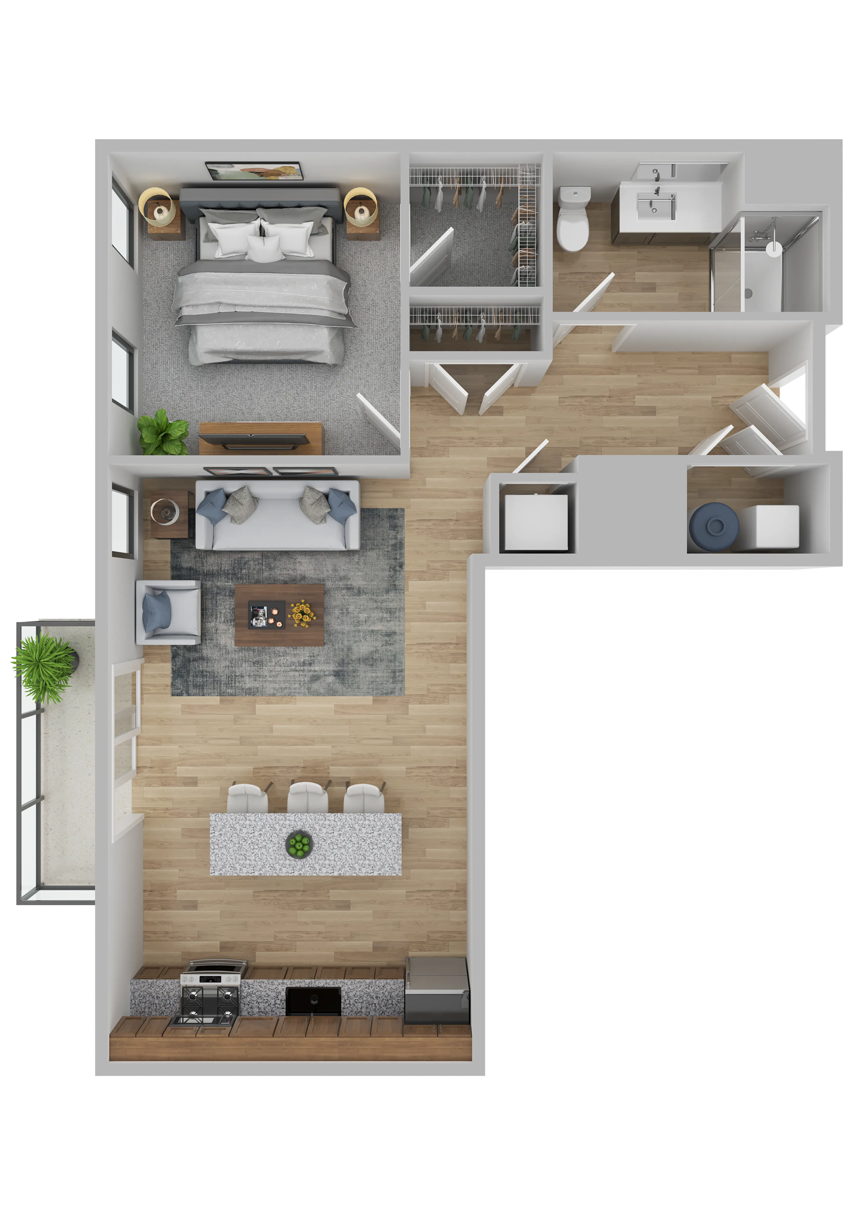 Modern 1-bedroom apartment floor plan featuring an open-concept living area, sleek kitchen with bar seating, and a stylish bathroom, designed for urban comfort.