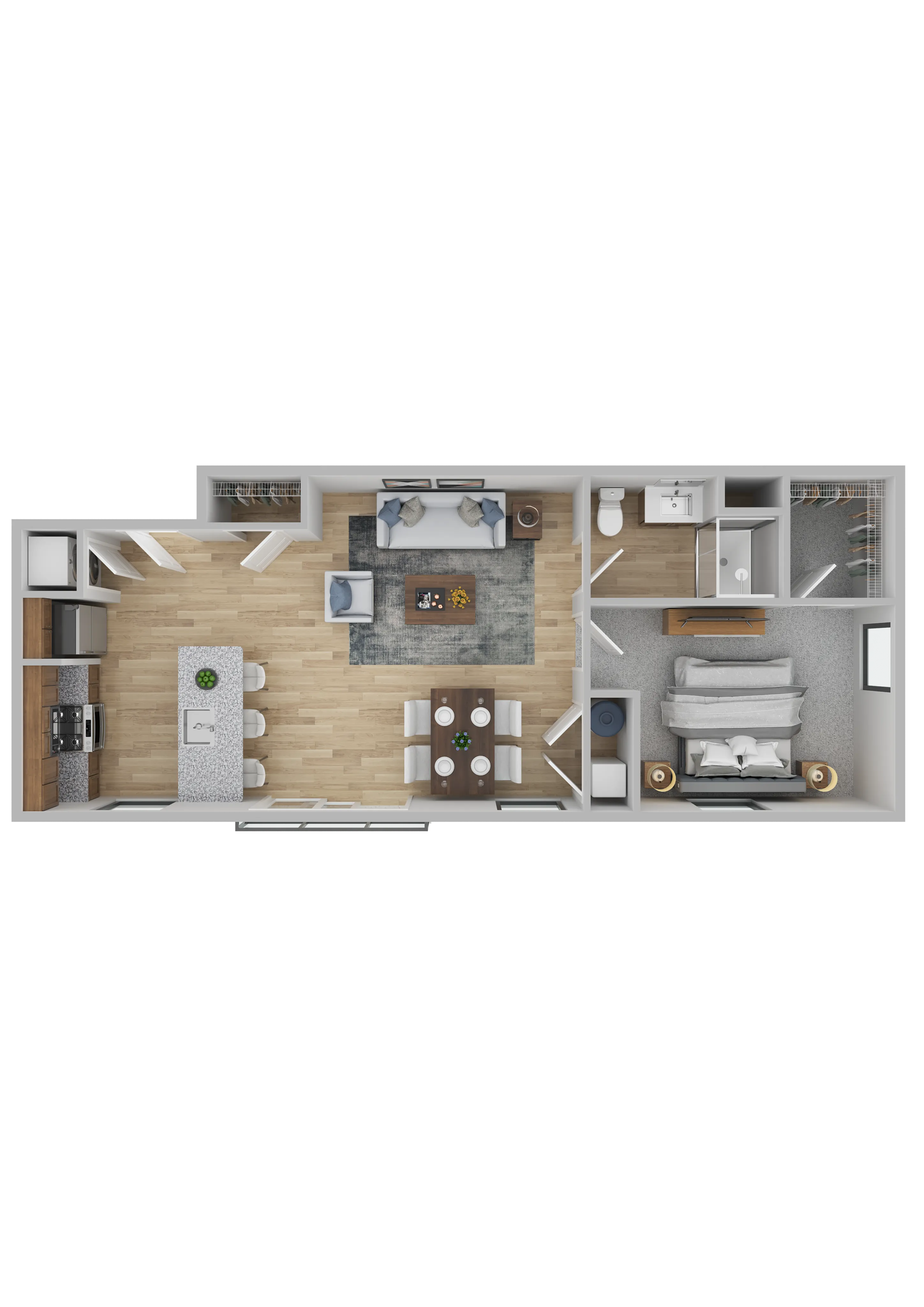 Chic 2D floor plan illustrating a modern 1-bedroom apartment with open-concept living area, stylish kitchen, and luxurious bathroom.