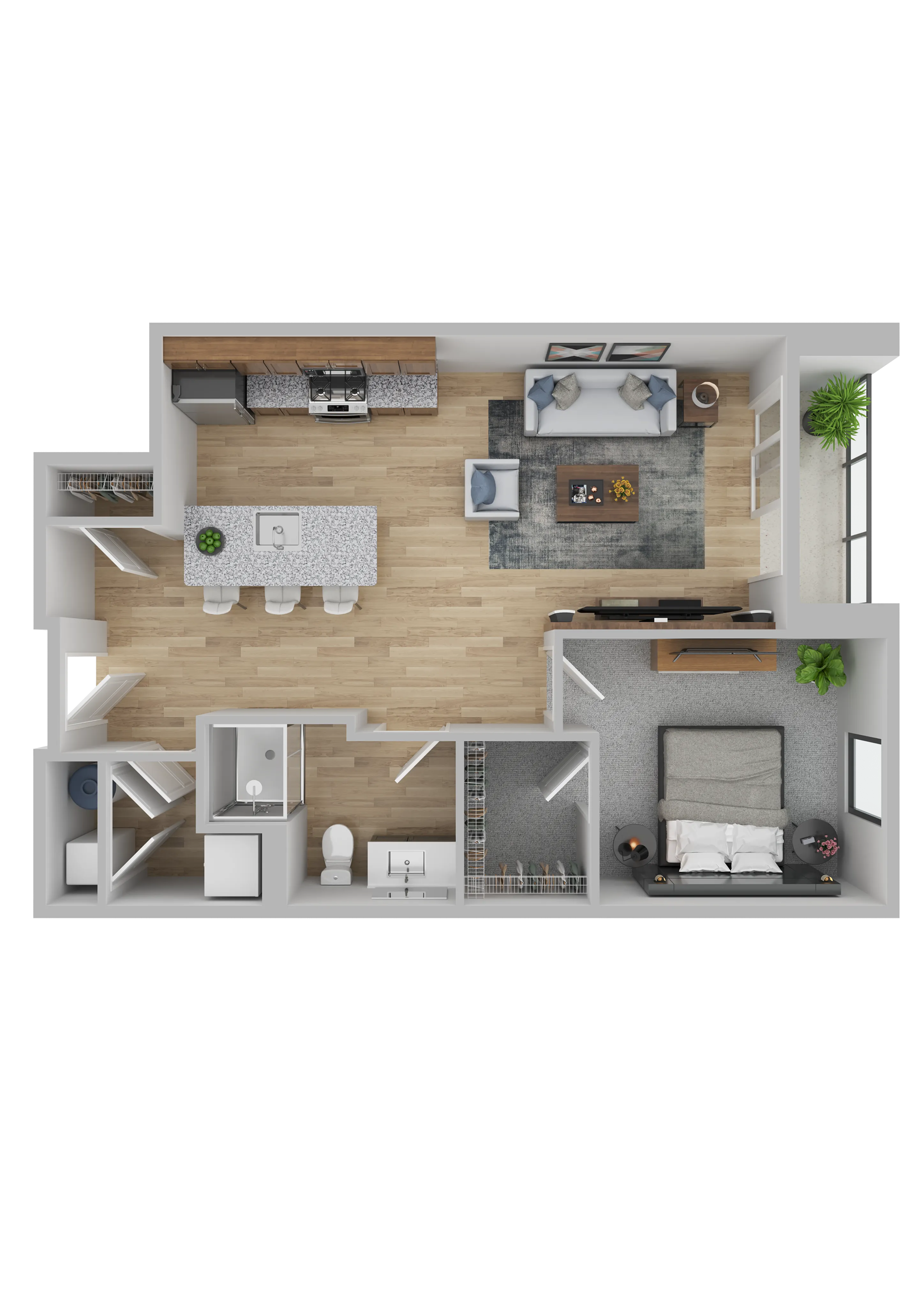 Modern 1-bedroom apartment floor plan with open-concept living area, stylish kitchen with breakfast bar, and spacious bedroom with ample closet space.