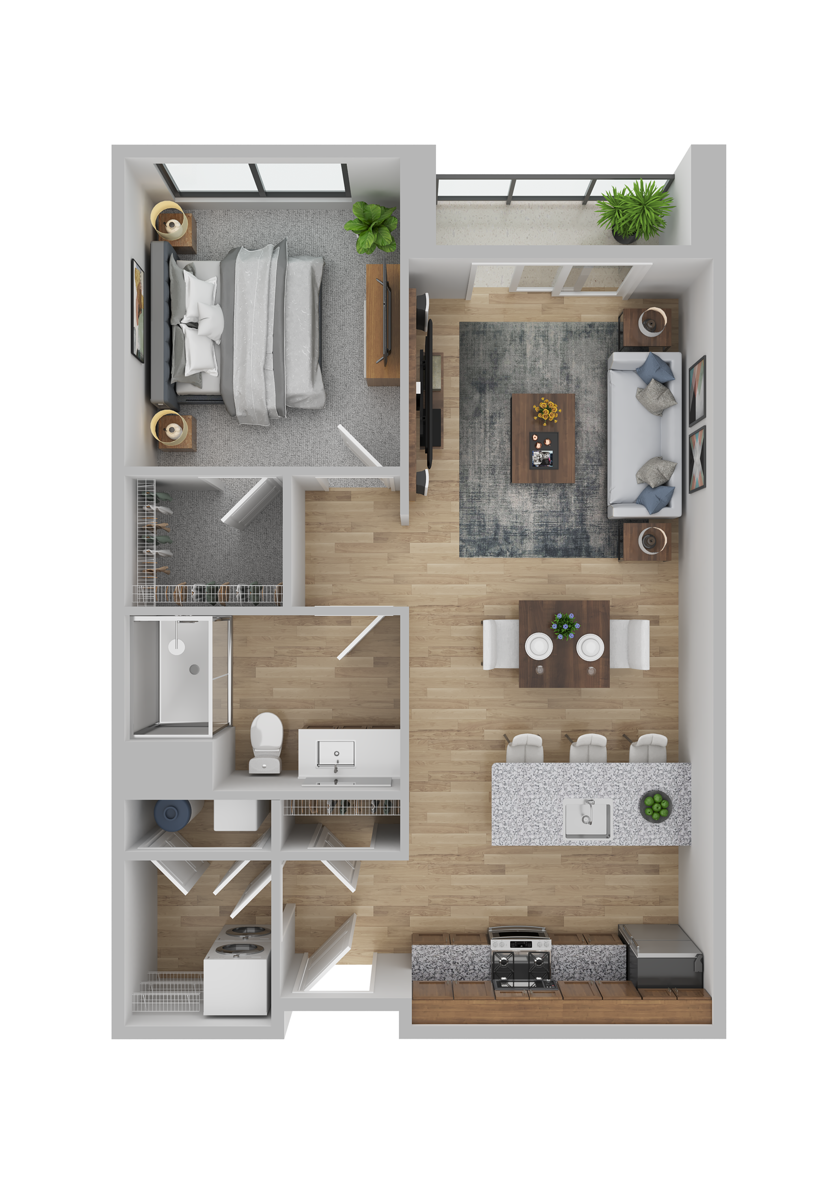 Modern 1-bedroom apartment floor plan featuring an open-concept living and dining area, elegant kitchen, and spacious bathroom.