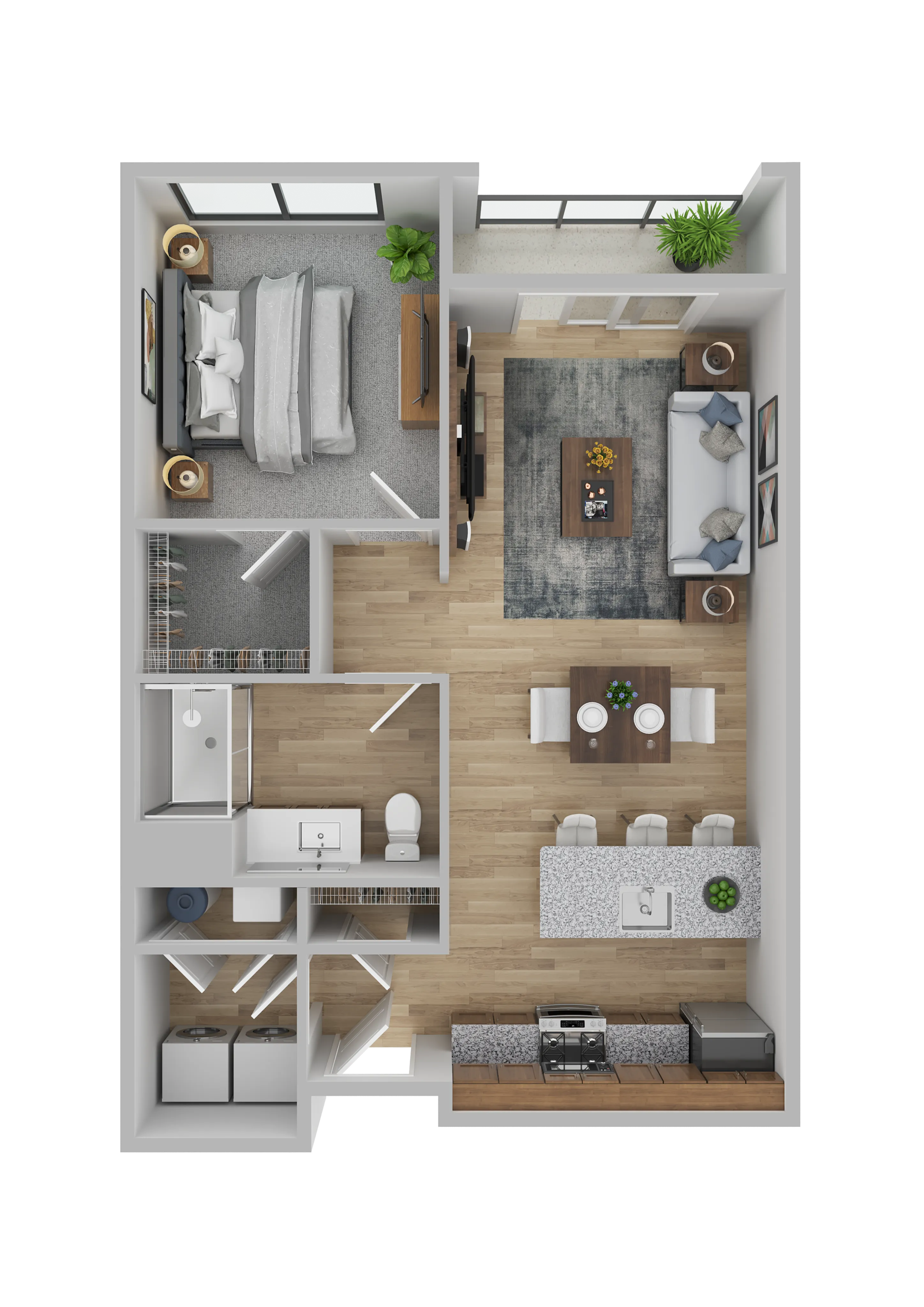 Modern 1-bedroom apartment floor plan with a spacious living area, sleek kitchen, and a stylish bathroom.