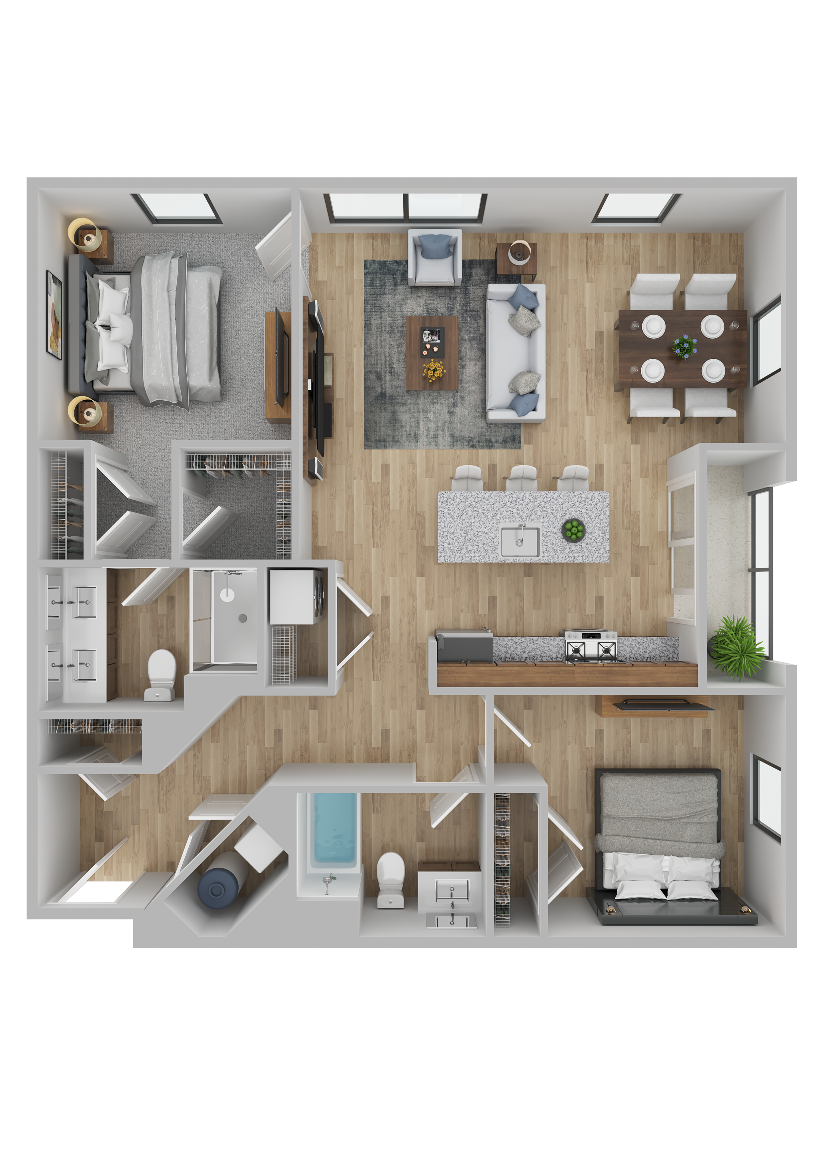 Modern 3D floor plan featuring two bedrooms, a stylish living area, and open kitchen with dining space, ideal for contemporary living.
