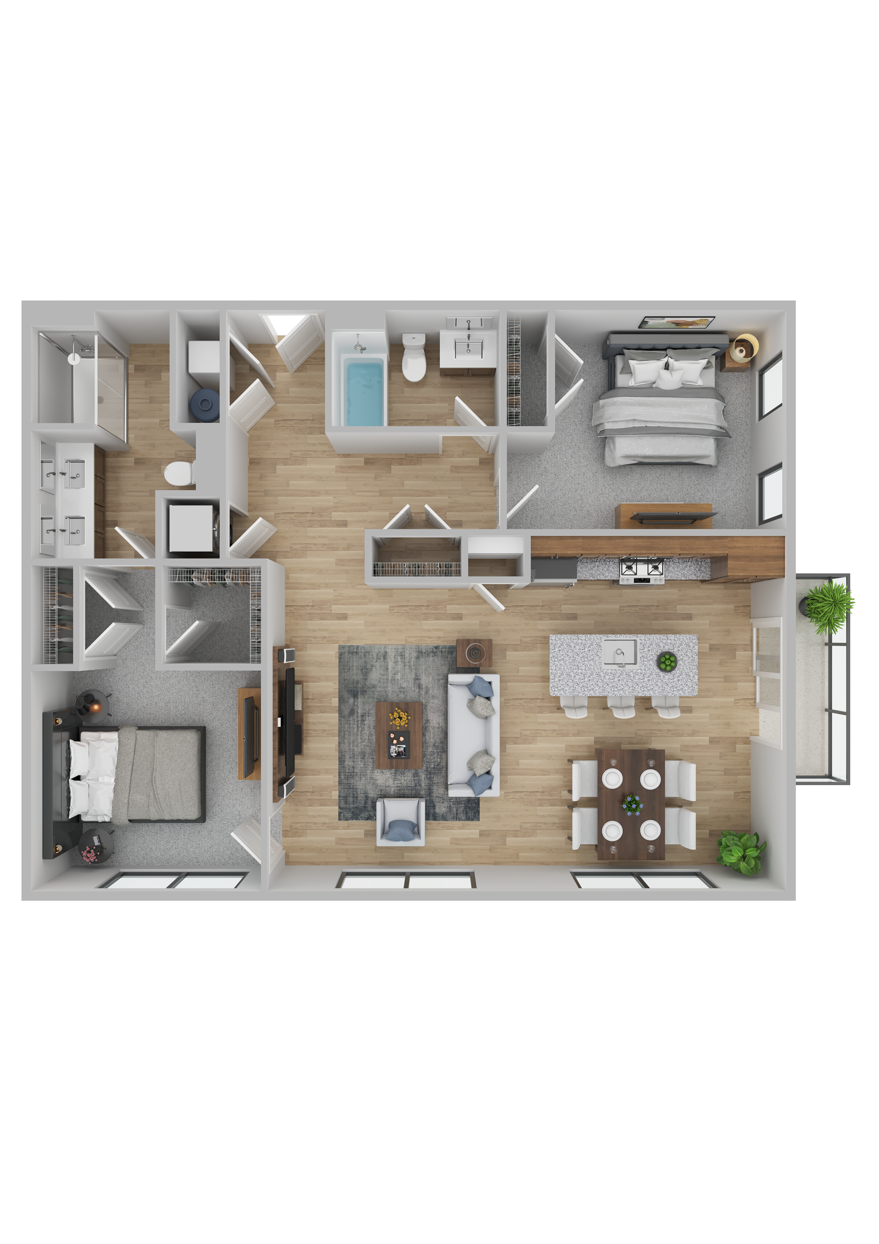 Modern floor plan showcasing 2 bedrooms, open living room, sleek kitchen and dining area, ideal for urban living.
