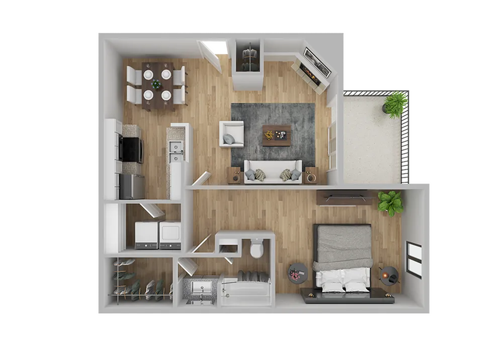 Modern floor plan showcasing a spacious open-concept living area, stylish kitchen, cozy bedroom, and inviting outdoor patio.
