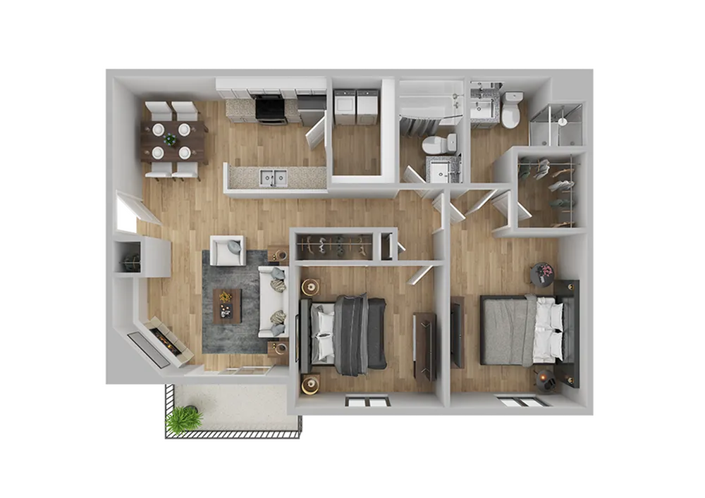 Elegant 3D floor plan showcasing two bedrooms, a cozy living room, a modern kitchen with dining area, and a stylish bathroom layout.
