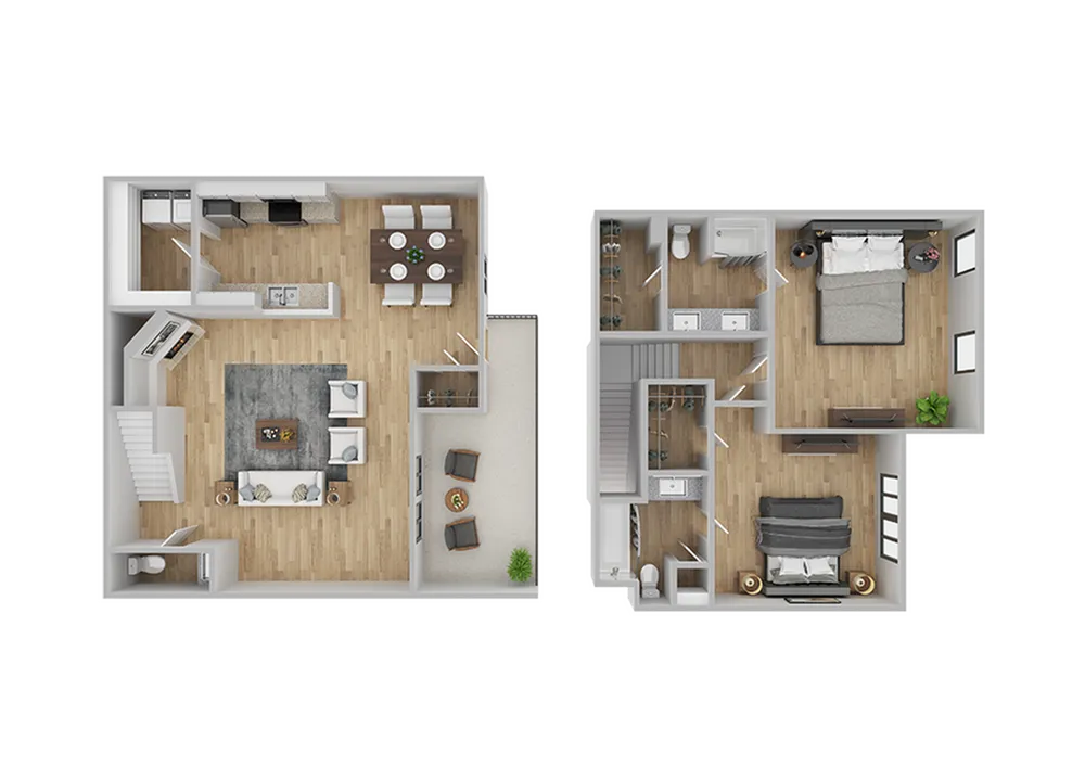 Modern two-story floor plan featuring an open-concept living area, stylish kitchen, dining space, two cozy bedrooms, and two bathrooms.