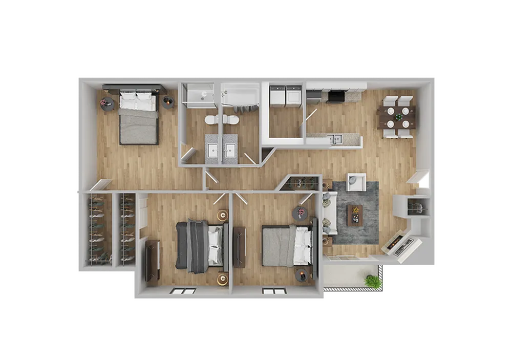 Contemporary 3D floor plan featuring 3 bedrooms, a stylish open kitchen, cozy living area, and elegant dining space.