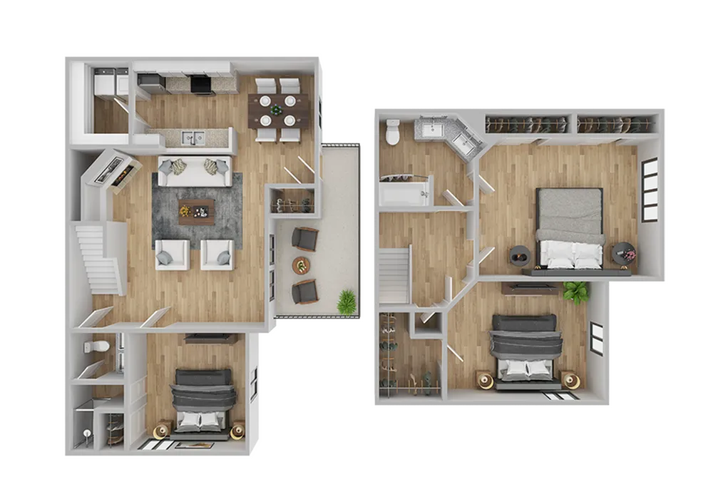 Contemporary 3D floor plan showcasing two-story layout with two bedrooms, a cozy living room, modern kitchen, and a charming balcony space.