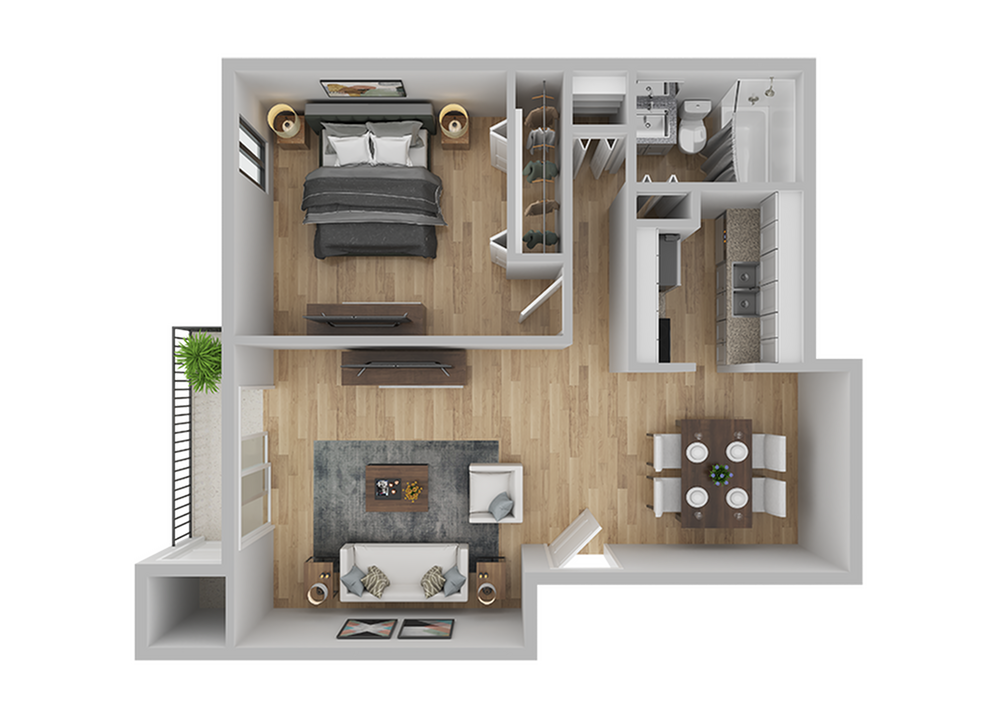 Inviting 3D floor plan showcasing a spacious one-bedroom apartment with modern kitchen, elegant dining area, and cozy living room leading to a charming balcony.