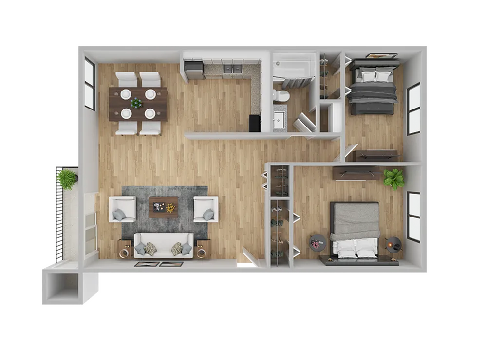 Modern 2D floor plan showcasing 2 bedrooms, open living and dining area, sleek kitchen, and bathroom with elegant design.