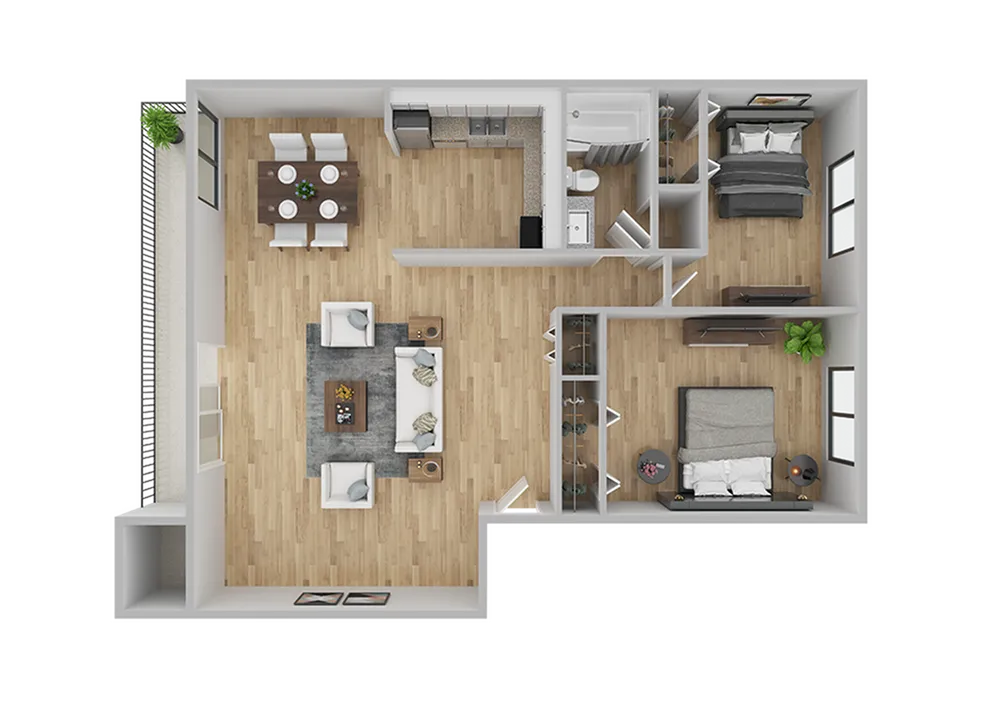 Chic 2D floor plan showcasing 2 cozy bedrooms, an elegant open living area, and a fully equipped kitchen.