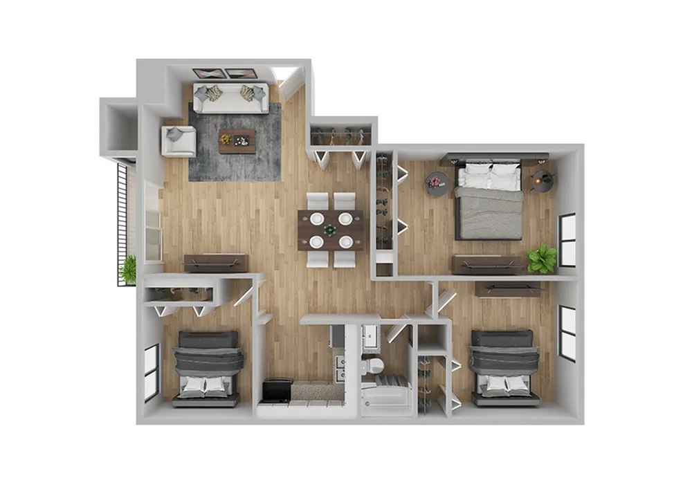 Modern 3D floor plan showcasing 3 bedrooms, an inviting living room, and a dining area with wooden flooring.
