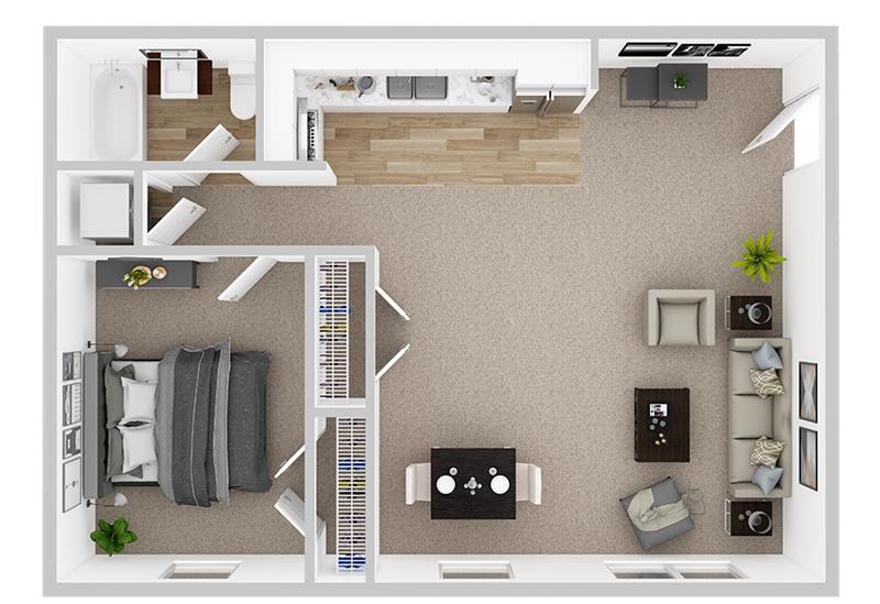 Elegant floor plan with a spacious open-concept living area, cozy bedroom, and modern kitchen perfect for urban living.