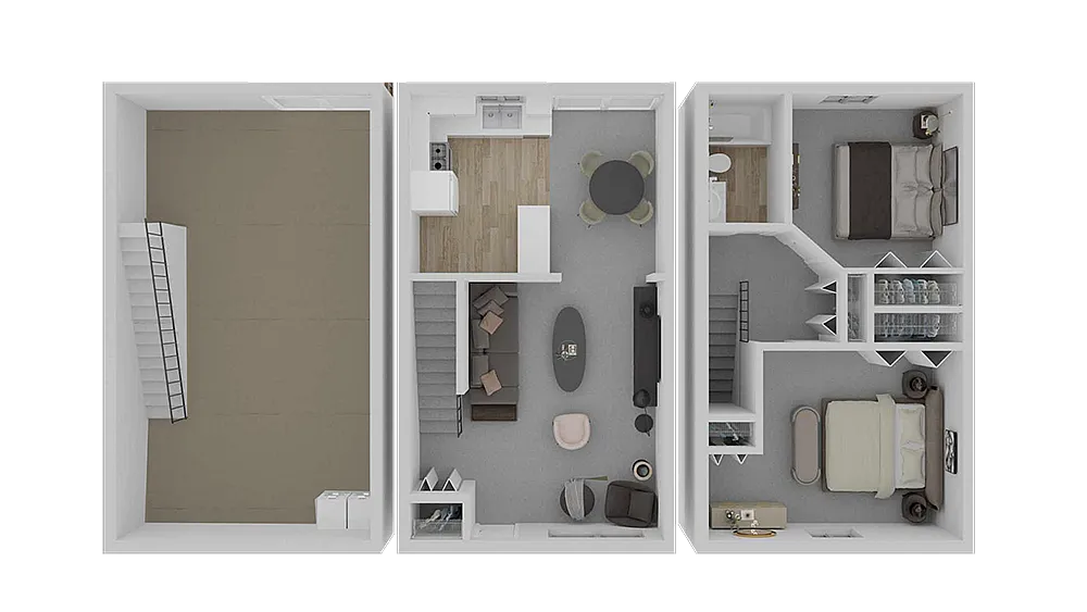 Modern 3D floor plan showcasing two cozy bedrooms, a sleek living room, a contemporary kitchen, and a spacious garage area.