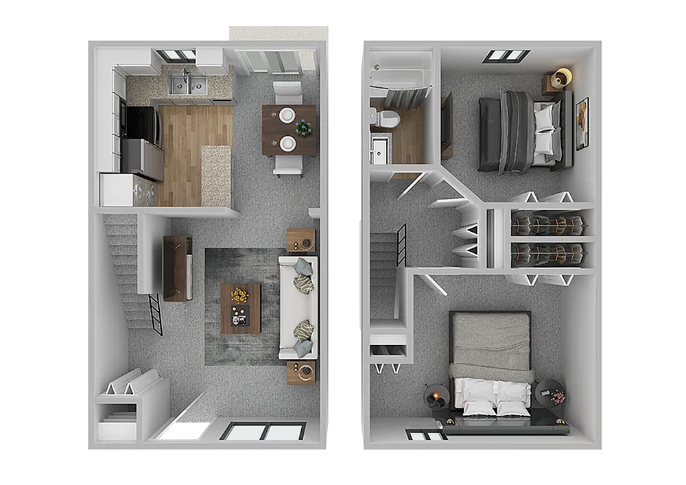 Modern 3D floor plan showcasing two-story apartment with open kitchen, cozy living area, and two stylish bedrooms, ideal for contemporary living.