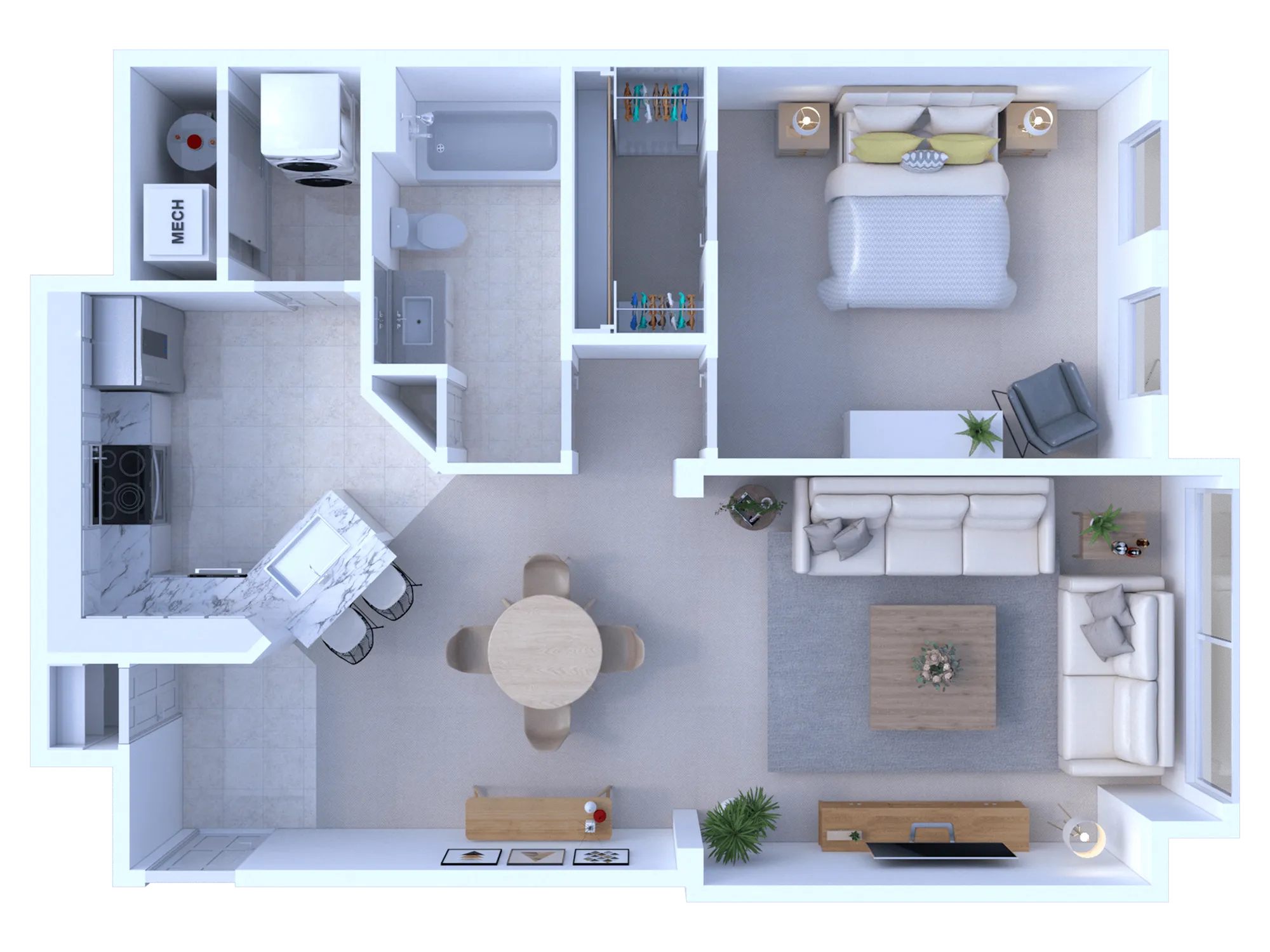 Contemporary floor plan with a cozy bedroom, elegant open-concept kitchen, and inviting living area perfect for entertaining.