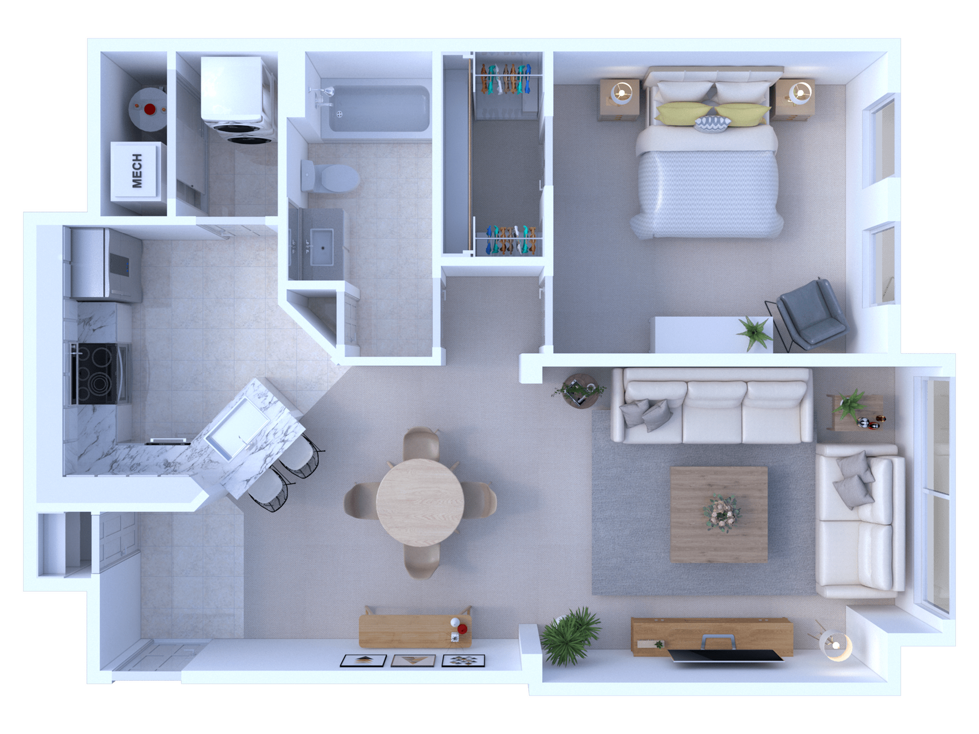Modern 2D floor plan showcasing a spacious open-concept living and dining area, chic kitchen with breakfast bar, cozy bedroom, and elegant bathroom.