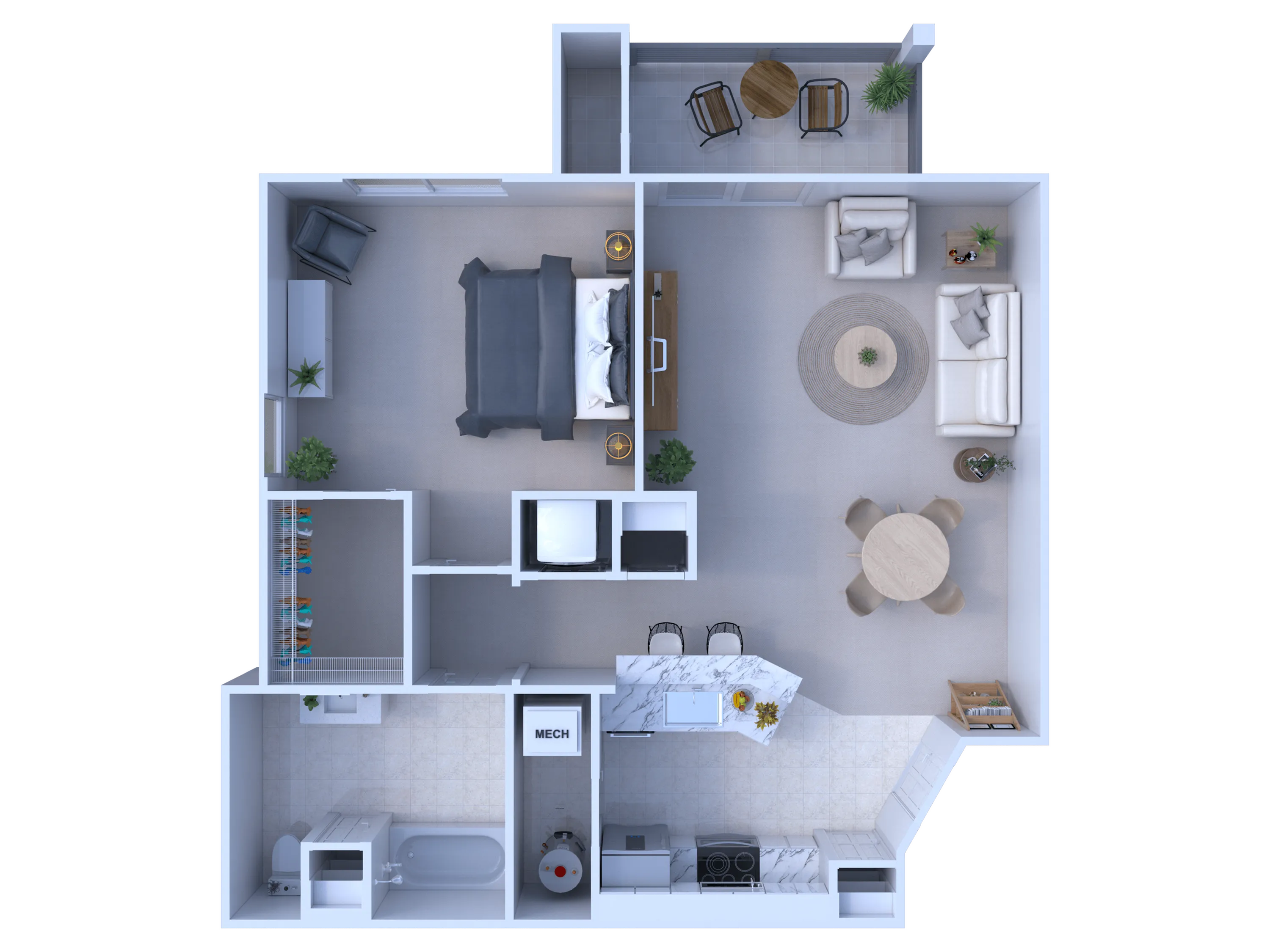 Modern 1-bedroom apartment floor plan with open living area, stylish kitchen, and cozy balcony.