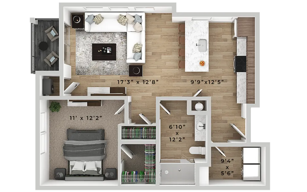 Modern 3D floor plan showcasing one-bedroom apartment with spacious living room, elegant kitchen island, cozy balcony, and contemporary bath layout.