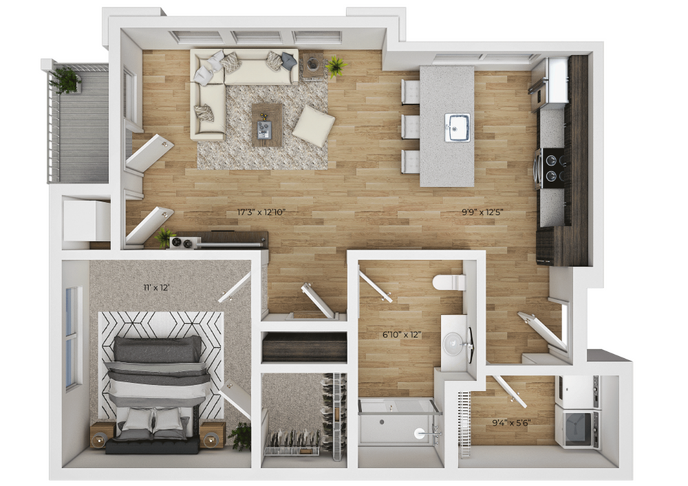 Modern 2D floor plan featuring a spacious one-bedroom with an open-concept living room and kitchen, a stylish bathroom, and a private balcony.