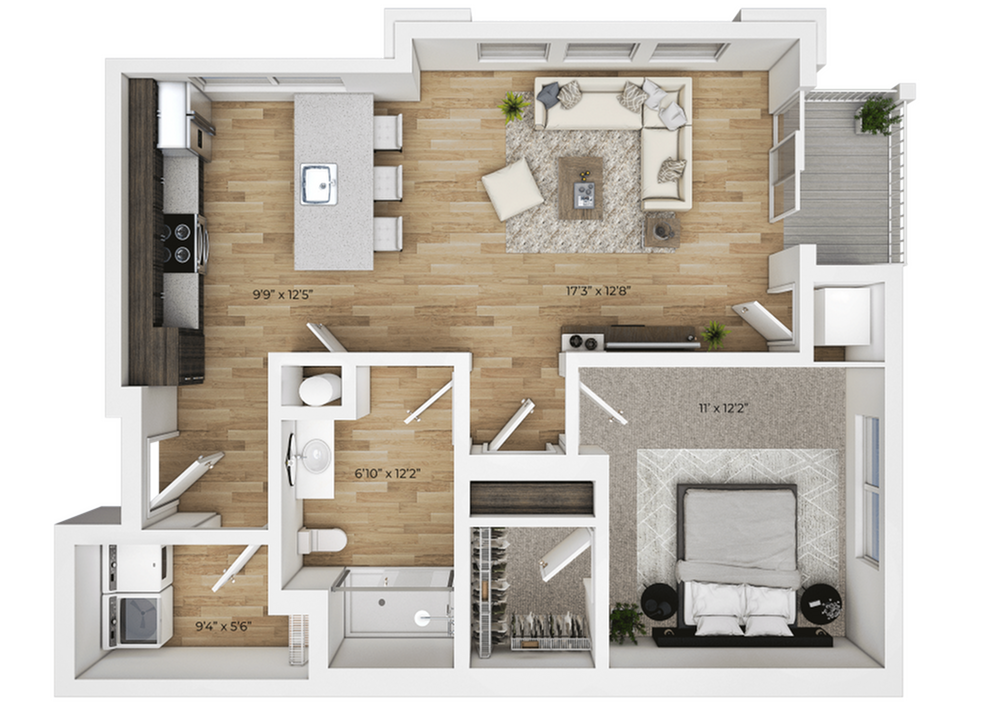 Modern floor plan showcasing a spacious one-bedroom apartment with an open-concept living and dining area, sleek kitchen with island, cozy bedroom, and elegant bathroom, perfect for stylish urban living.