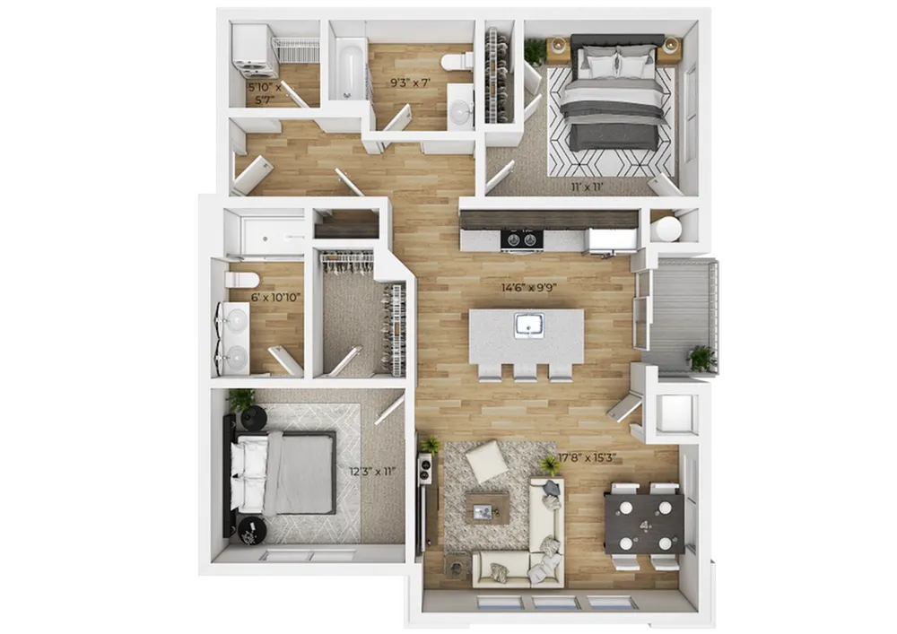Elegant 2D floor plan showcasing a modern apartment with 2 bedrooms, spacious open-concept living and dining area, and a stylish kitchen.