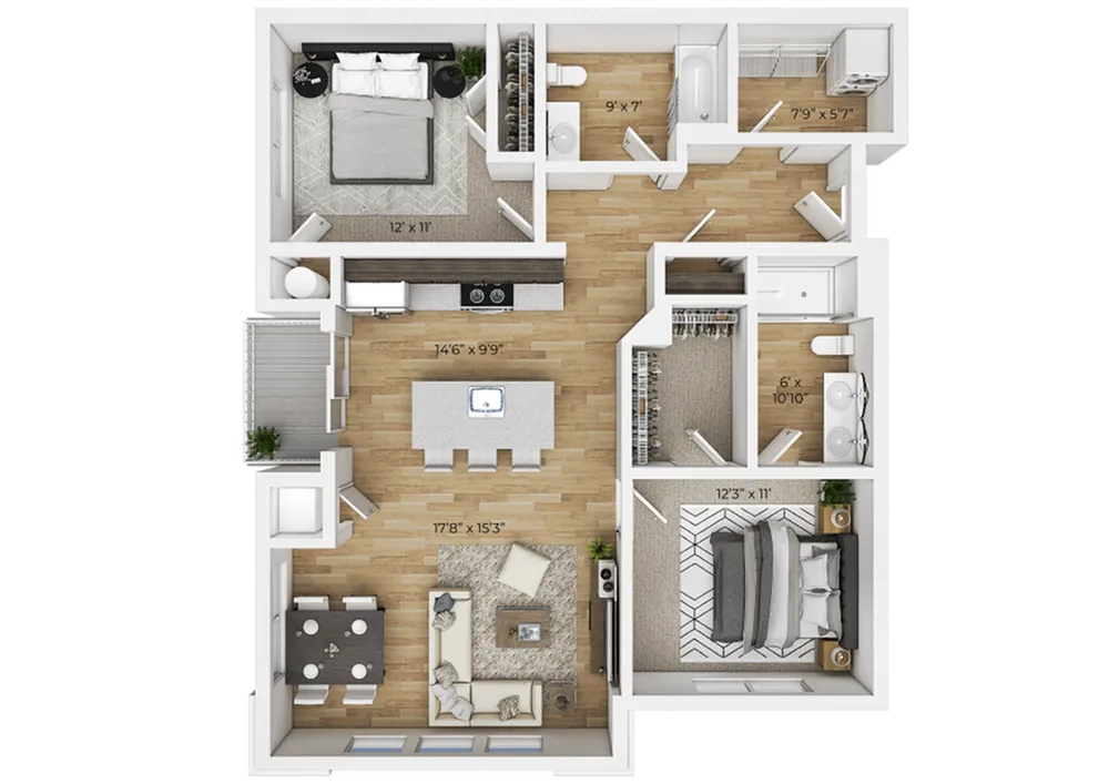 Modern 2-bedroom floor plan featuring open-concept living room, gourmet kitchen with island, and private balcony.