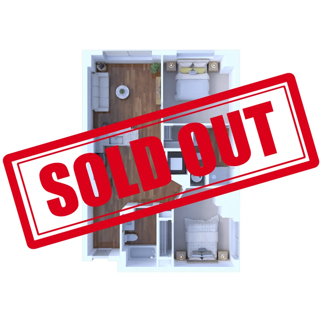 3D floor plan with two cozy bedrooms, open living area, modern kitchen, and two bathrooms, now sold out.