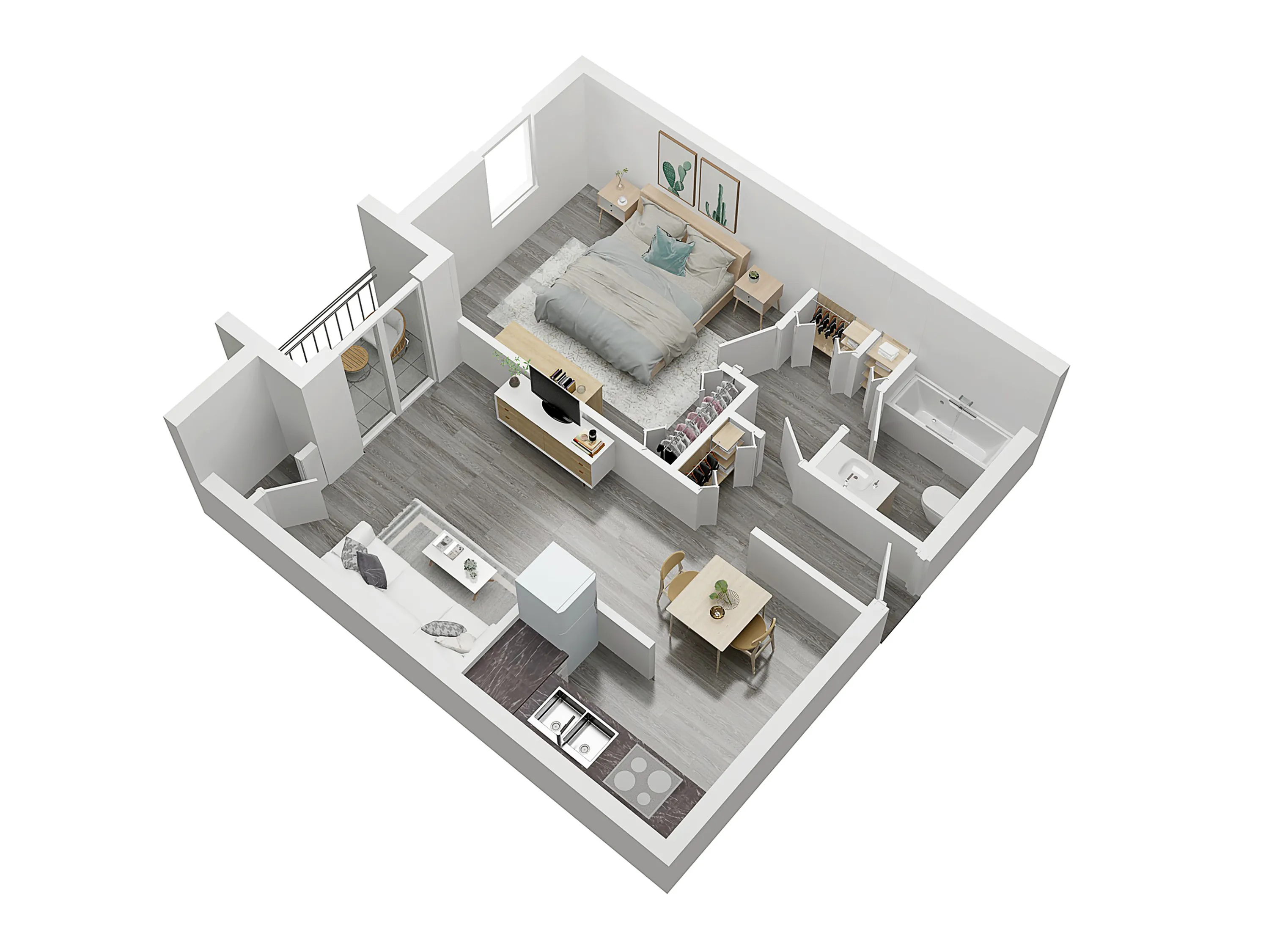 Modern 3D floor plan showcasing a spacious bedroom, contemporary kitchen, and cozy living area with elegant furnishings.