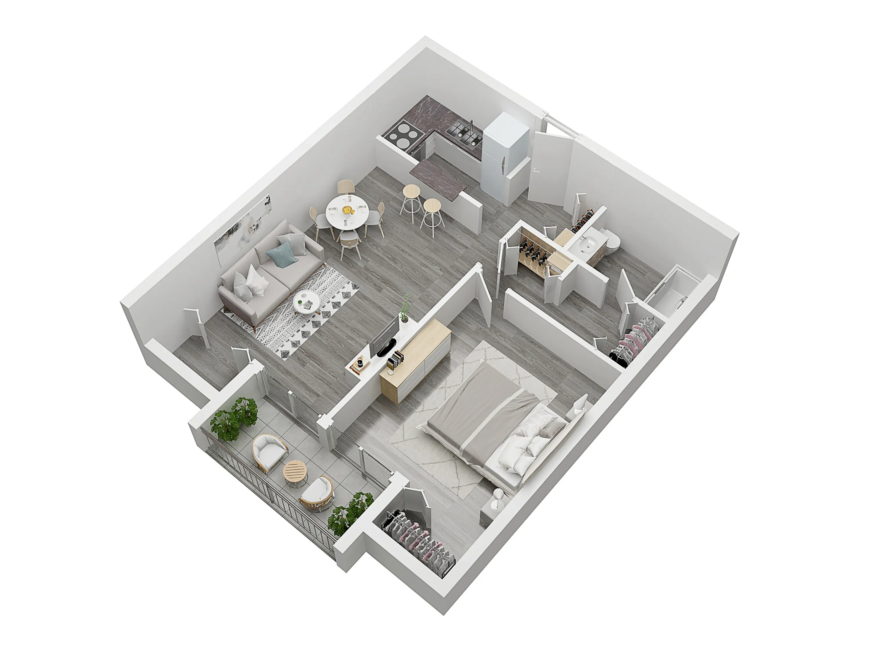 Chic 3D floor plan highlighting a cozy 1-bedroom apartment with an open living area, modern kitchen, and inviting balcony.