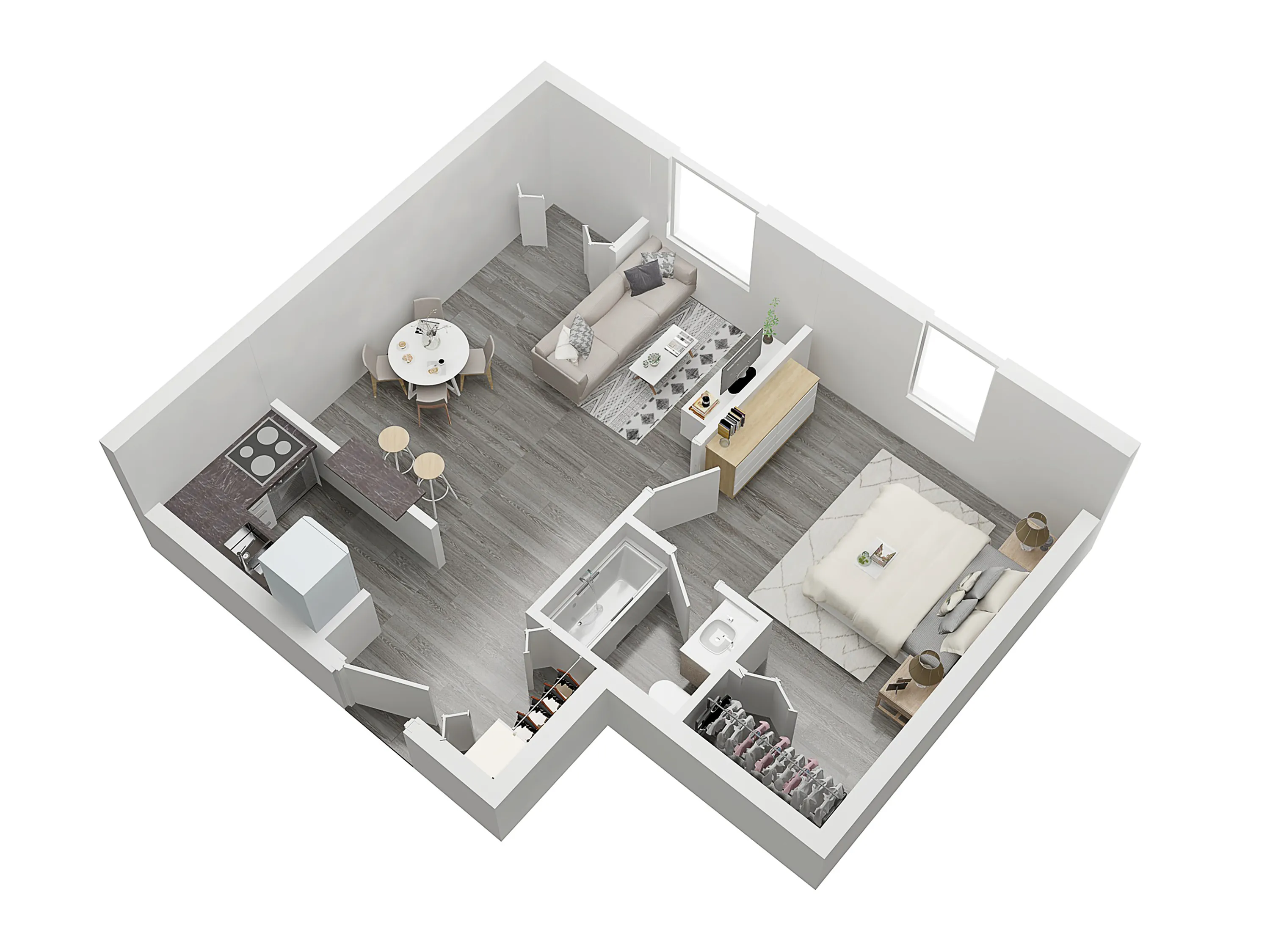 Modern 3D floor plan showcasing a cozy 1-bedroom apartment with an open-concept living area, stylish kitchen, and inviting bathroom.