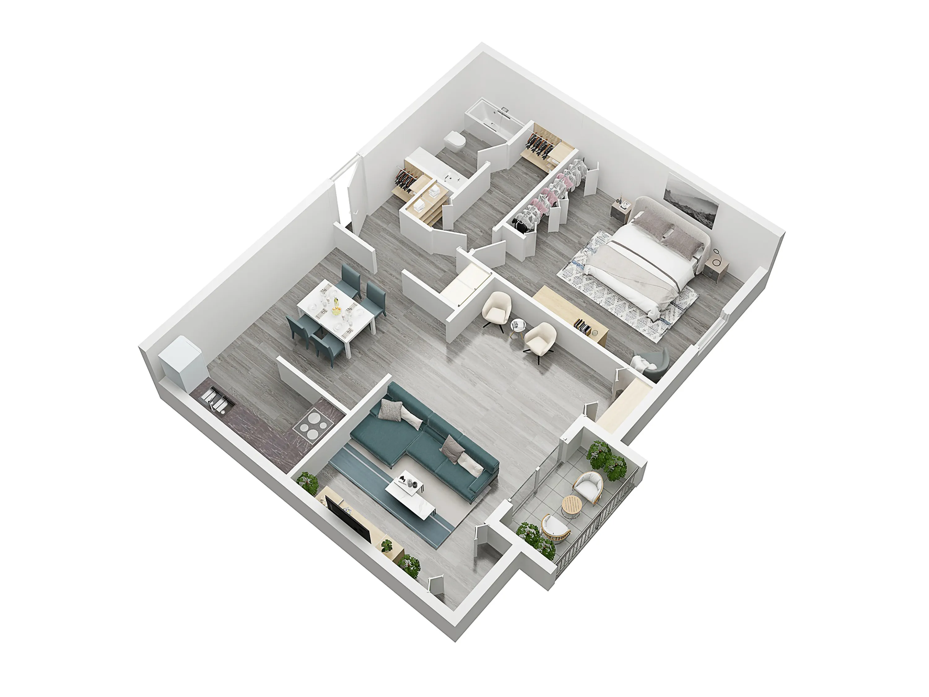 Modern open-concept floor plan with a spacious bedroom, stylish living area, chic dining space, and private balcony. Ideal for urban living.