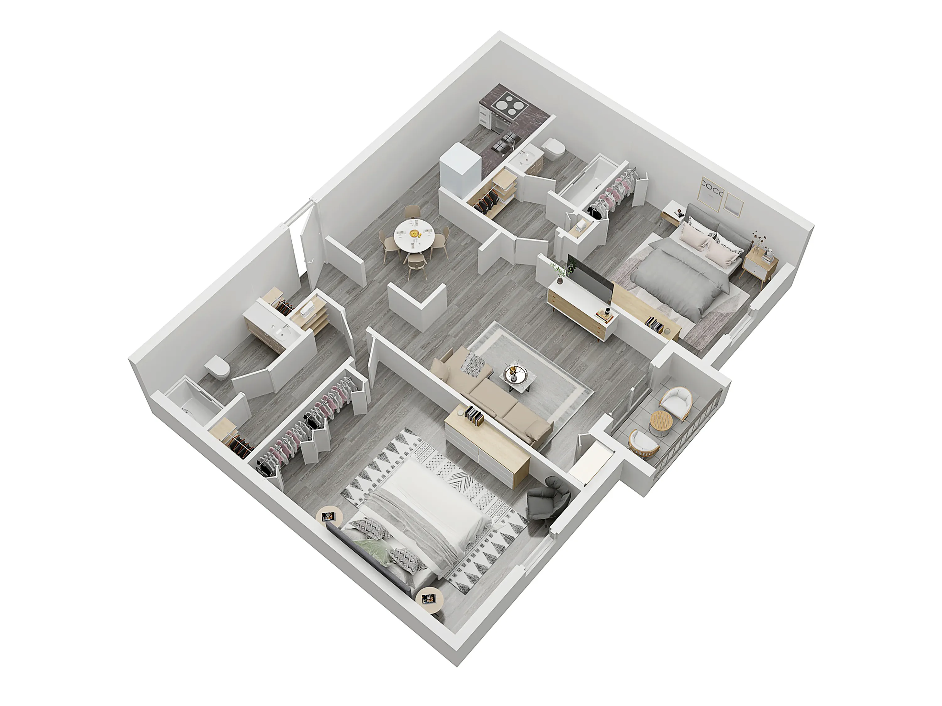 Modern 3D floor plan with 2 spacious bedrooms, elegant living room, and a stylish open kitchen.