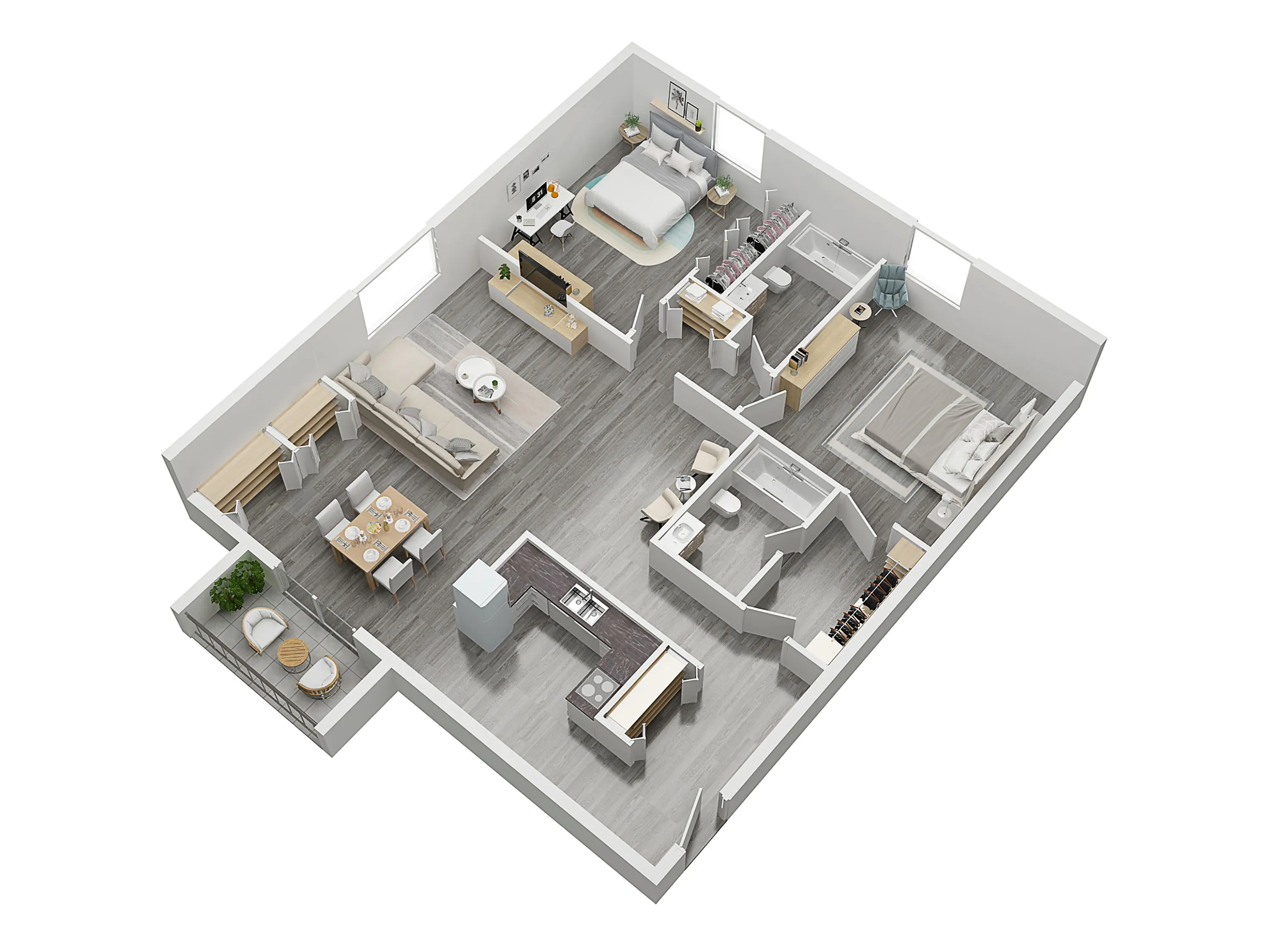Modern 3D floor plan featuring two spacious bedrooms, stylish open-concept living area, and a sleek kitchen with adjacent dining space, perfect for contemporary living.