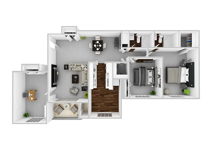 Contemporary 3D floor plan showcasing 3 spacious bedrooms, elegant living room, modern kitchen, and a dedicated office space.