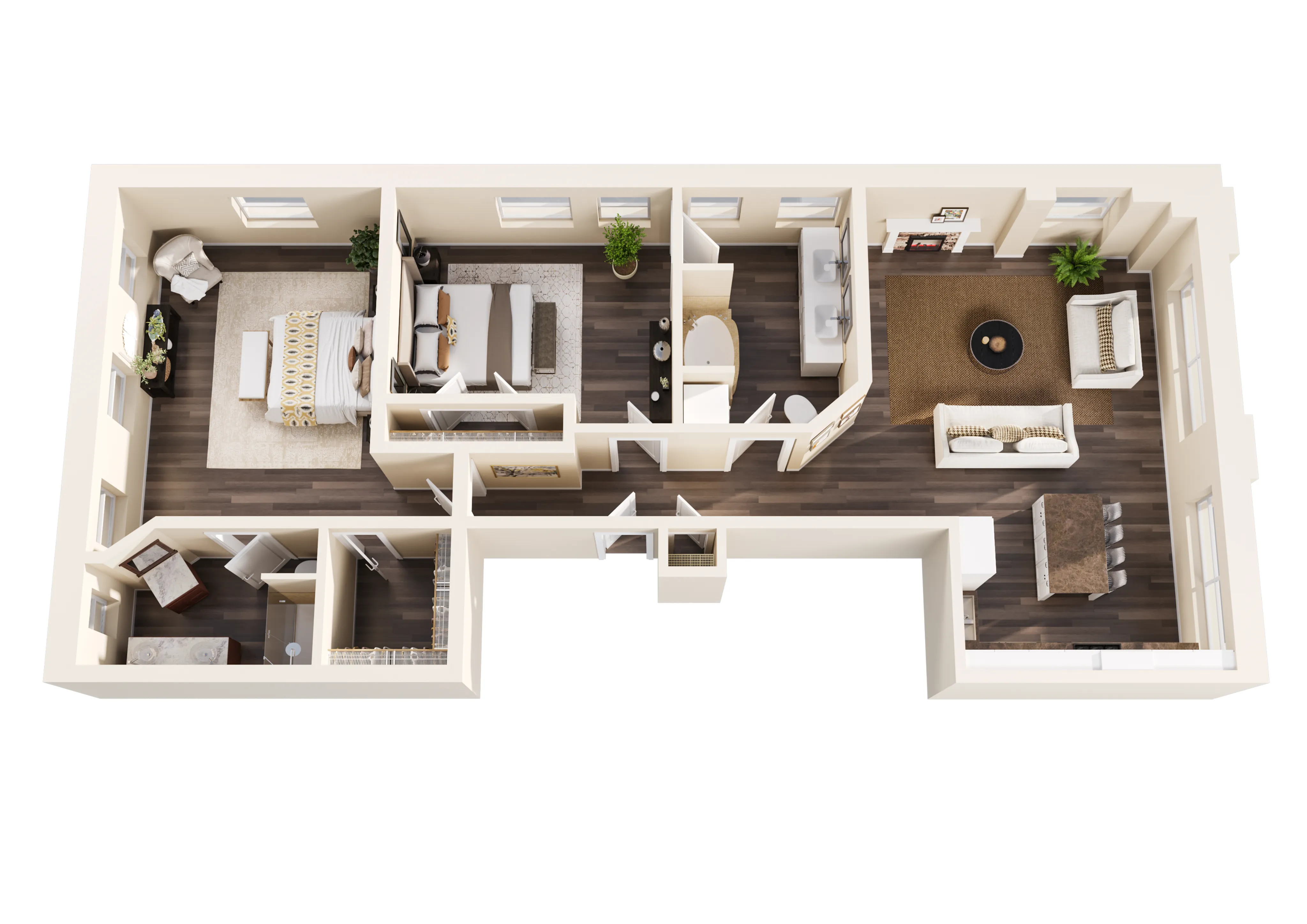 Elegant 3D apartment floor plan showcasing two cozy bedrooms, a spacious living area, and modern kitchen with dark wood flooring.