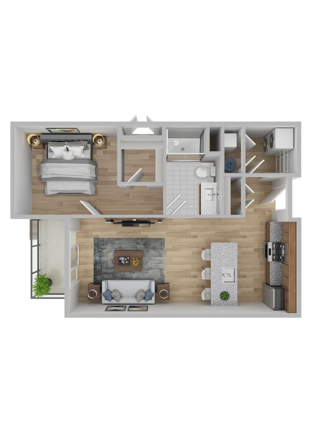 Modern 2D floor plan showcasing a spacious one-bedroom layout with open-concept living room, elegant kitchen, and balcony access.