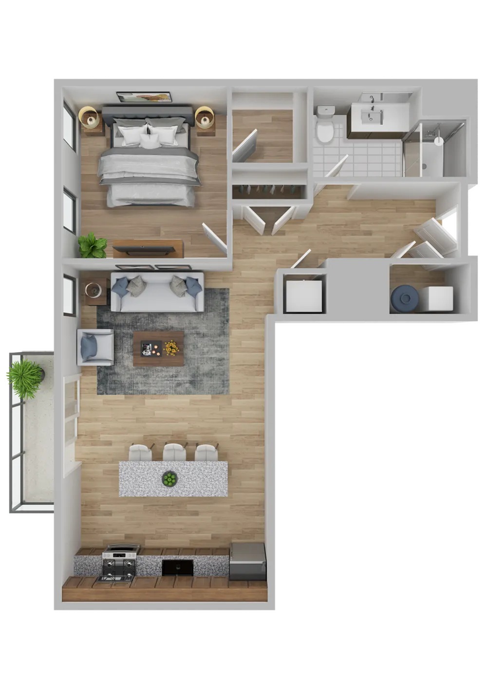 Modern L-shaped floor plan featuring a spacious bedroom, elegant living area, open kitchen with island seating, and a stylish bathroom.