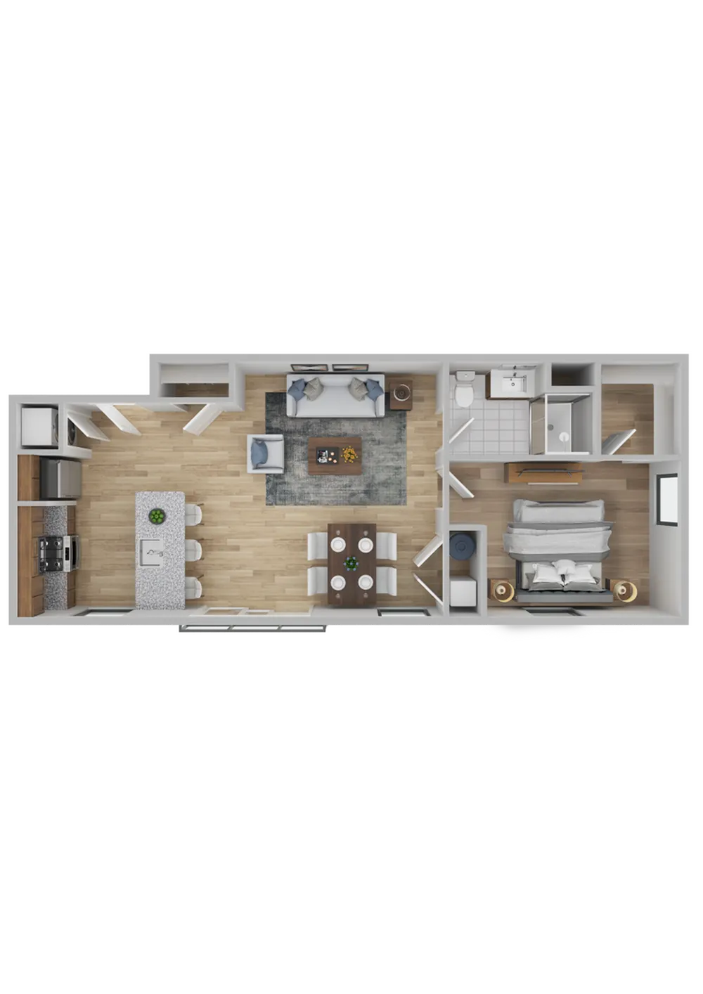 Modern floor plan showcasing 1 bedroom, an open-concept living room, and a sleek kitchen with a breakfast bar.