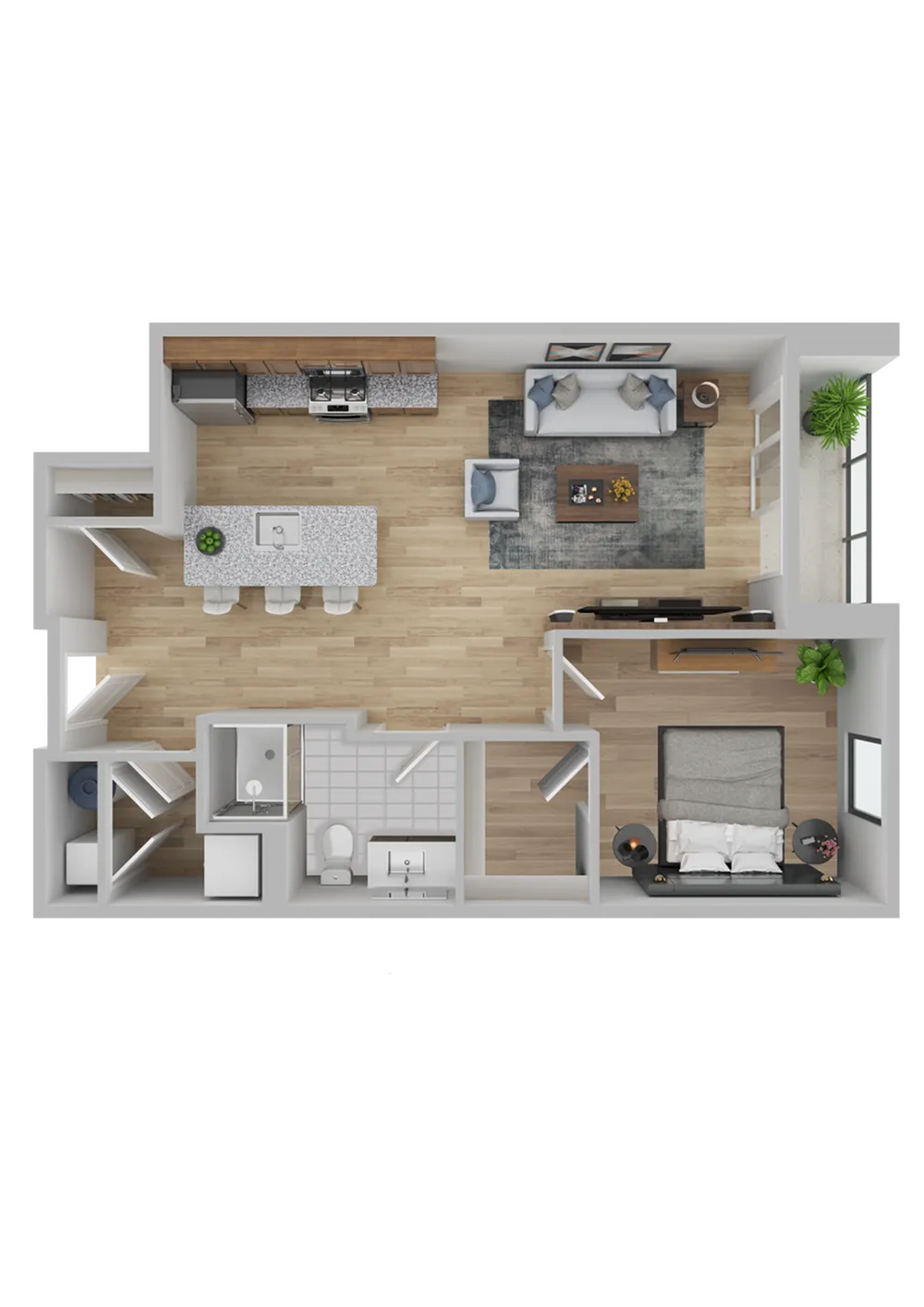 Modern 1-bedroom apartment floor plan featuring a spacious open-concept kitchen and living area, inviting dining island, cozy bedroom, and contemporary bathroom.