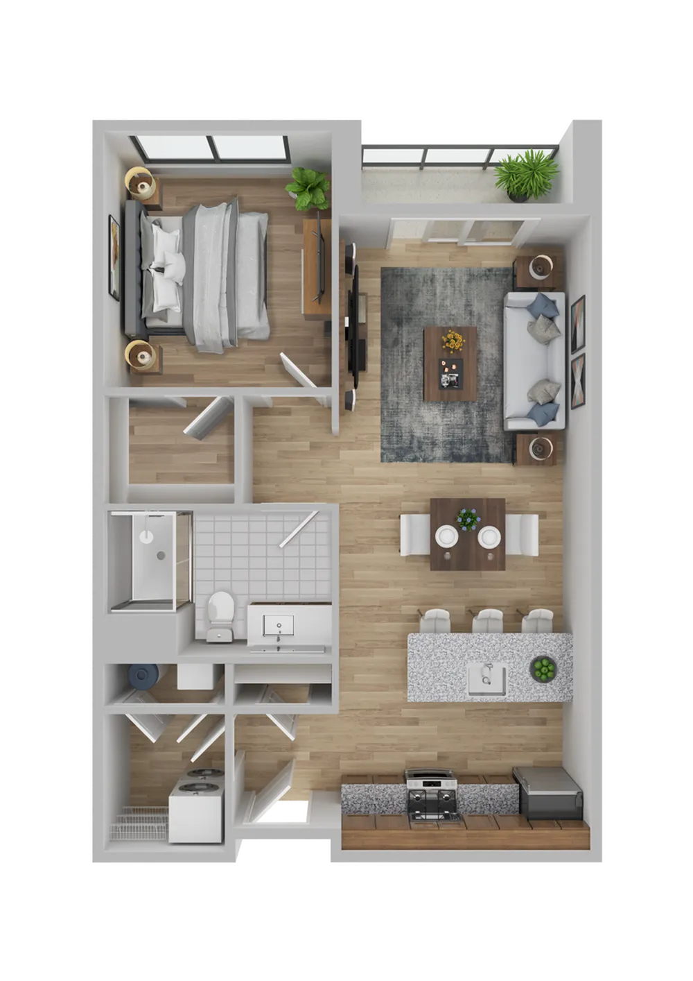 Modern 1-bedroom apartment floor plan featuring an open-concept living and dining area, stylish kitchen with island, and spacious bathroom.
