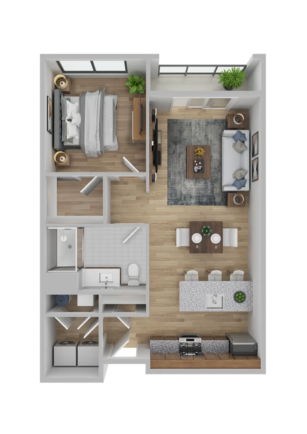 Modern 1-bedroom apartment floor plan featuring an open-concept living and dining area, sleek kitchen with island, and stylish bathroom.