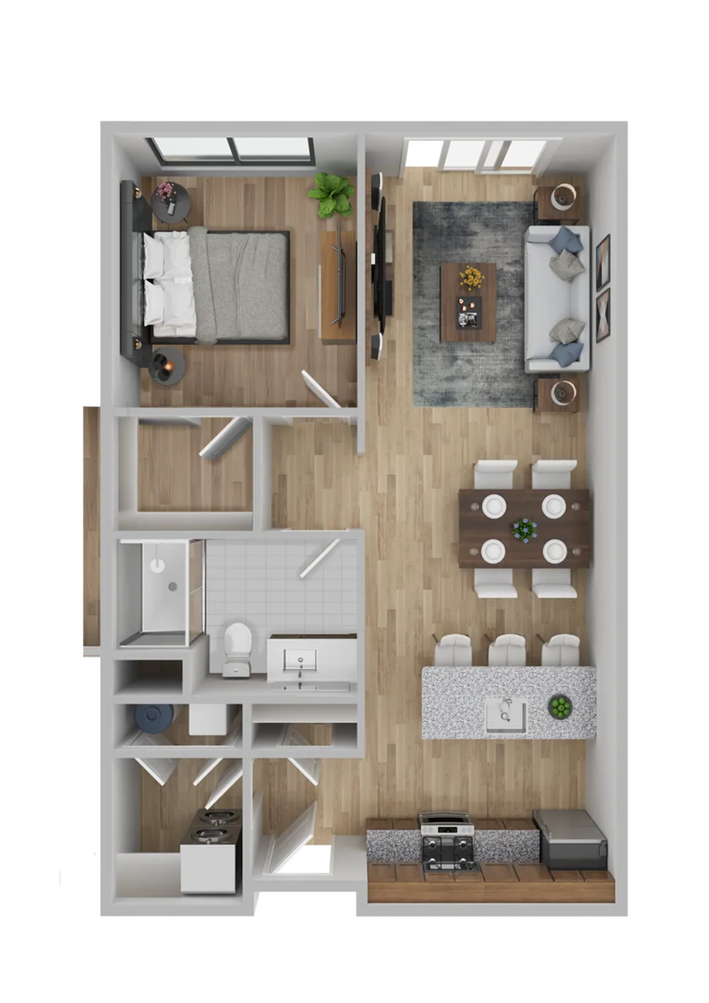 Modern 3D floor plan showcasing a cozy 1-bedroom apartment with an open-concept living and dining area, elegant kitchen, and stylish bathroom.