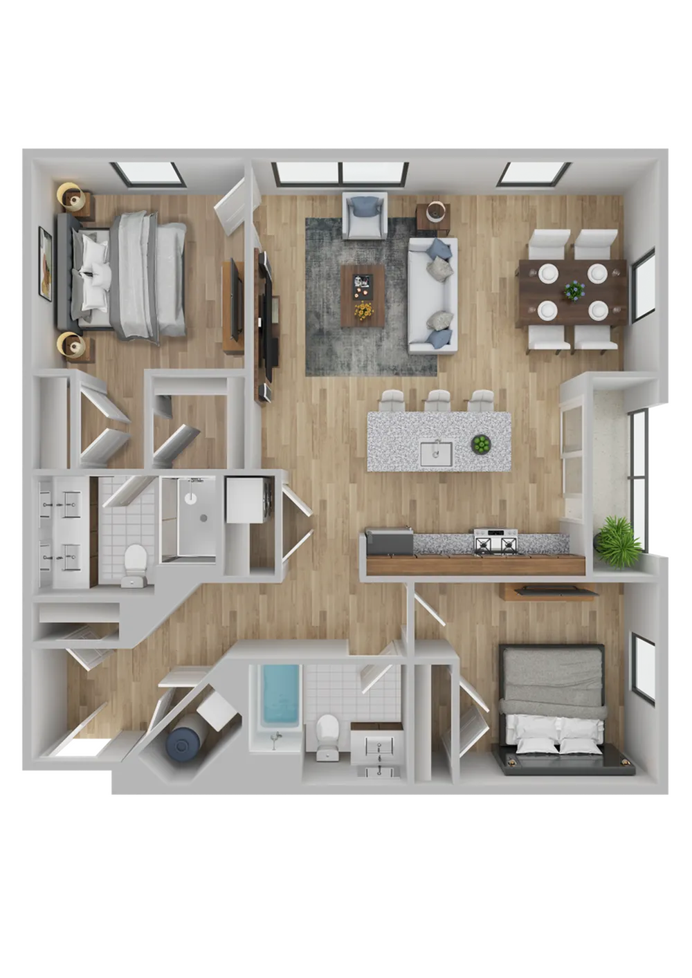 Contemporary floor plan showcasing 2 cozy bedrooms, stylish open-concept living and dining area, and a sleek modern kitchen.