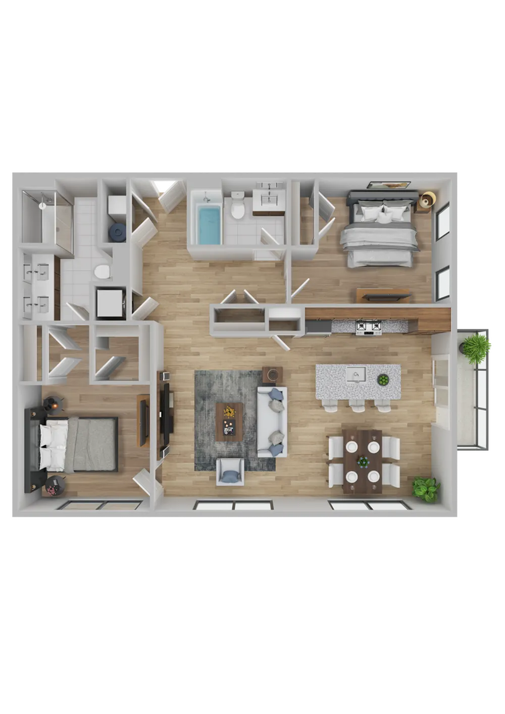 Modern 3D floor plan showcasing two spacious bedrooms, a stylish open living area, and a sleek kitchen with an inviting dining space.