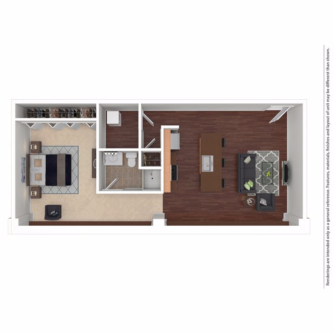 Chic 1-bedroom apartment floor plan featuring a welcoming living area, modern kitchen, and spacious bathroom with ample closet space.