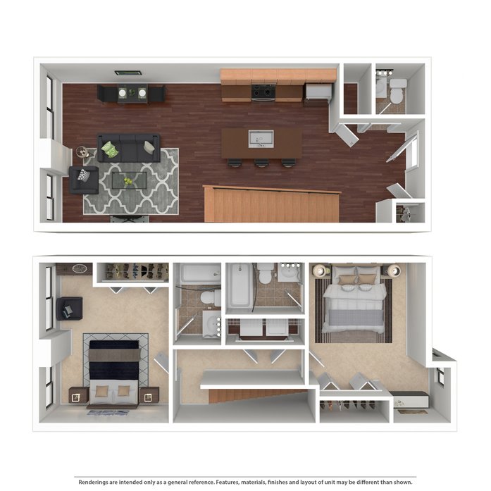 Modern 2D apartment floor plan showcasing an open-concept living and kitchen area, two inviting bathrooms, and a spacious bedroom with ample closet space.
