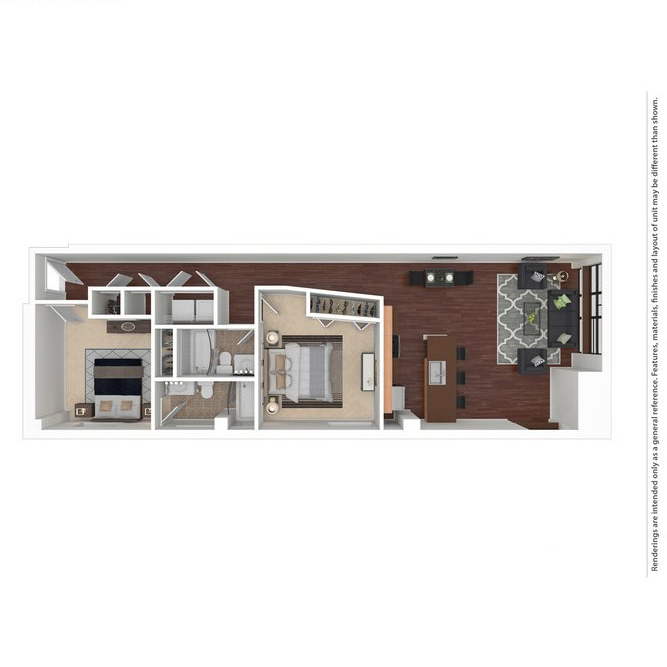 Modern apartment floor plan showcasing one bedroom, a cozy living room, and an elegant kitchen with dining area.