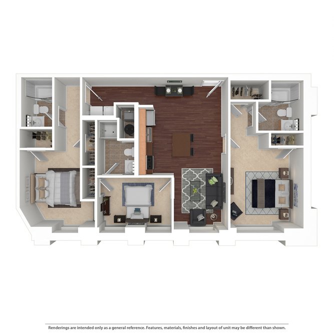 Modern 3D floor plan showcasing two spacious bedrooms, elegant living room, gourmet kitchen with island, and luxurious bathrooms.